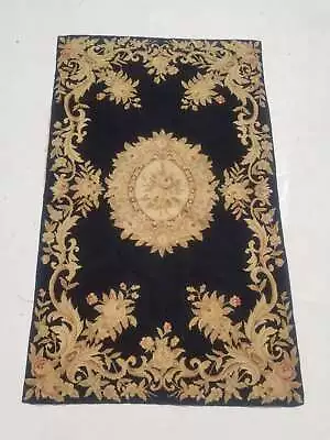 Vintage French Needle Point Handmade Floral Black Wool Rug Carpet 145x88cm • £250