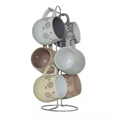 6 Piece 17oz Ceramic Coffee Mug Set With Metal Stand • $22.29