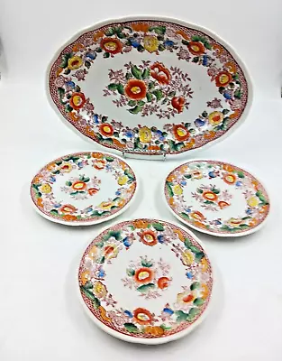 Mikori Ware Hand Painted Serving Platter & 3 Bread Plates Floral Red Yellow • $19.99