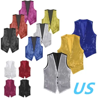 US Men's Women's Shiny Sequins Waistcoat Vest Stylish Sleeveless Jacket Clubwear • $14.94