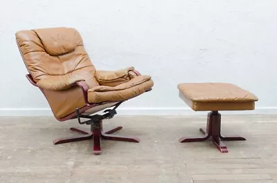 Danish Tan Leather Swivel Recliner Armchair Footstool Mid Century 70s Delivery • £245