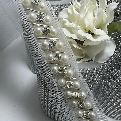 1 Yard White Pearl Beaded Lace Trim Chain Bridal Wedding Ribbon Belt Lace • £3.80