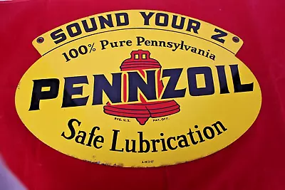 Vintage 1957 PENNZOIL  SOUND YOUR Z  MOTOR OIL TWO-SIDED SWINGER Metal Sign • $522.86