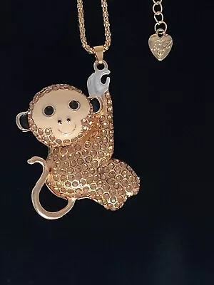 3d Betsey Johnson Brown Crystal Monkey Swinging Pendant Gold Necklace • $12.99