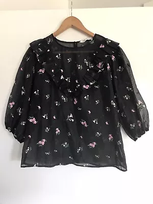 Zara Womens XL Black Floral Sheer Long Sleeve V-Neck Blouse Shirt Top • $15