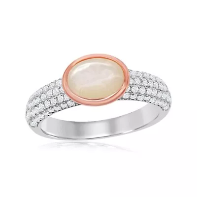 Sterling Silver Rose Gold Plated Oval Mother Of Pearl Micro Pave Band Ring • $68