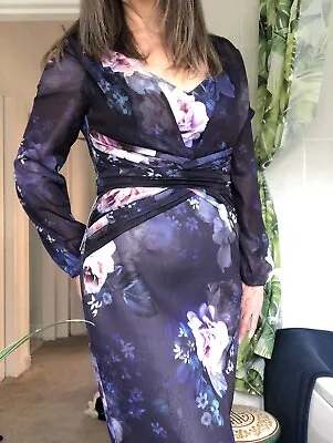 £24.99 • Buy LIPSY NAVY / PURPLE FLORAL LONG SLEEVED RILEY BODYCON DRESS SIZE 14 With Tags ￼