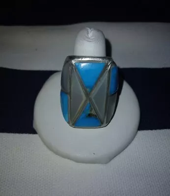 VINTAGE OLD PAWN TURQUOISE Mother Of Pearl STERLING SILVER MENS RING 21.3g 13 • $199.95