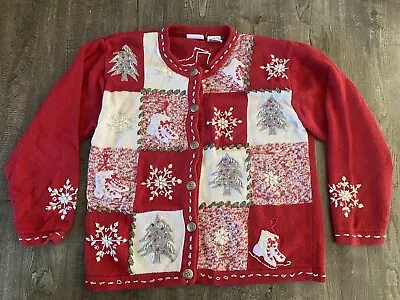 Vintage Ugly Christmas Sweater Bobbie Brooks Button Cardigan Womens XL Red • $25.49