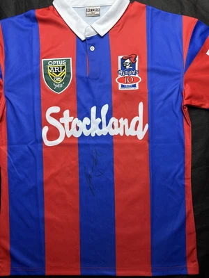 $75 • Buy Andrews Johns Signed Newcastle Knights Retro NRL Jersey
