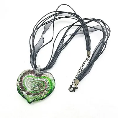 Green Black Silver Dichroic Glass Heart Medallion Necklace Tulle Cord SilverTone • $7.49