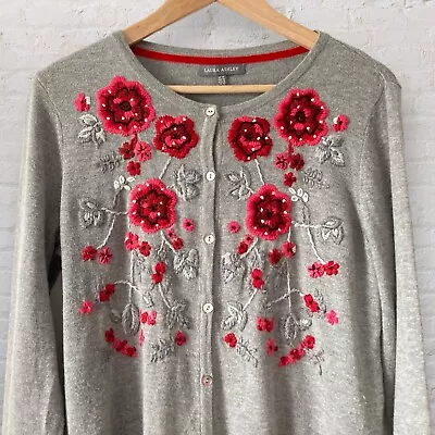 Laura Ashley Angora Cardigan Size 14 Grey Red Embroidered Button Up Soft Knit • £17