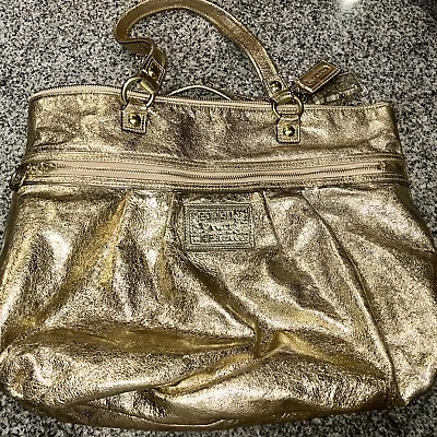 Coach Poppy Gold Metallic Leather Large Bag Handbag Tote Logo • $19.99