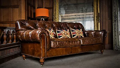 Large Halo Vintage Aged Distressed Heritage Brown Leather Chesterfield Club Sofa • £1450