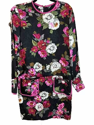 Vintage 1980’s Saks Fifth Avenue Jerri Sherman Floral Long Sleeve Dress Flaw L • $45.50
