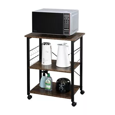 Rolling Kitchen Cart Industrial Serving Cart 3 Tier Wood Utility Island On Wheel • $57.99