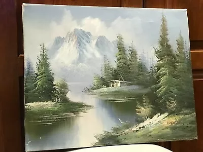 VTG Signed Oil Painting 16x20  Canvas Cabin Snow Cap Mountains Water Blue Green  • $65