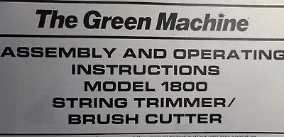 HMC Green Machine Gasoline String Trimmer Brush Cutter 1800 Owner & Parts Manual • $84.22