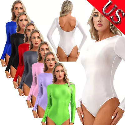 US Women's Glossy Crew Neck Bodycon Leotards Top Long Sleeve U Back Bodysuit • $6.43