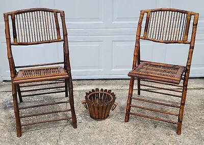 Vintage Pair Of 2 Mid Century Modern Bamboo Rattan Folding Chairs With Planter • $154.98