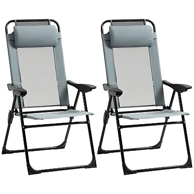 Outsunny Set Of 2 Metal Portable Folding Recliner W/ Adjustable Backrest Grey • £65.99