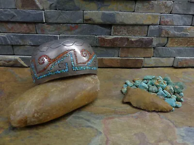 Sale! Wide Navajo Tommy Singer Style Sterling Turquoise Red Coral Cuff Old Pawn  • $275
