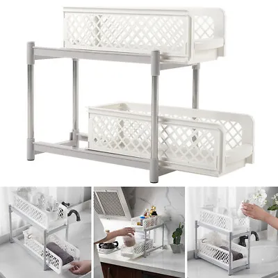 2 Tier Sliding Pull Out Basket Under Sink Kitchen Cabinet Baskets Storage Drawer • £10.94