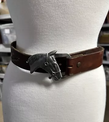 Vintage Leather  Belt Hand-Tooled Removable Buckle Horse Buckle Western 70s Boho • $24.95
