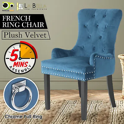 $189 • Buy 1X Dining Chair French Provincial Ring Studded Velvet Rubberwood LISSE - NAVY BU