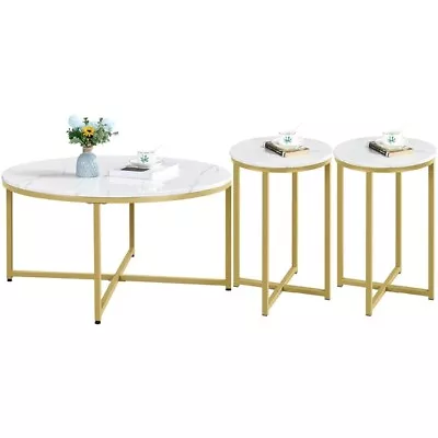 X-Base Faux Marble Round Coffee Table & 2pcs Side Tables Living Room Set Gold • $149.99