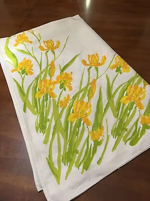 Vintage Vera Tablecloth Signed Bright Orange & Yellow Irises 52” X 66“. • $42