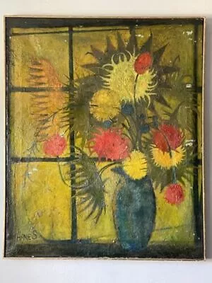 French Antique Mid Century Modern Still Life Oil Painting Old Vtg Flowers 50 • $215.82