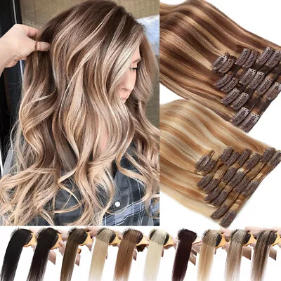 Clip In 100% Real Remy Human Hair Extensions 8 PIECES #Highlight Full Head Weft • $20.72