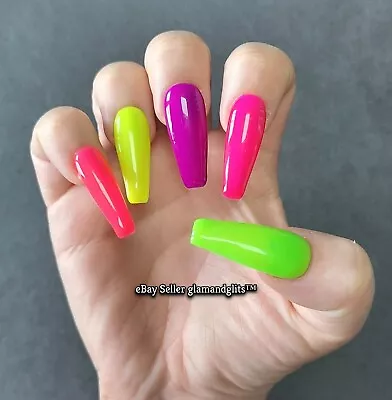 24x Fluorescent Neon Yellow Press On Gel False Nails Coffin Stiletto Square Oval • £3.99