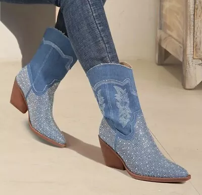 Cowboy Boots For Women - Blue Denim & Rhinestone - Calf Length - 9.5 (41) • $150