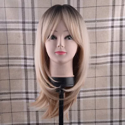 Long Dark Brown Root Ombre Highlights Blonde Gold Wigs With Bangs For Women • £20.93