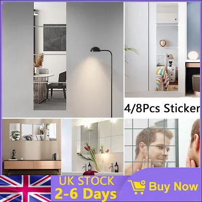 4/8 Pcs Mirror Tile Wall Sticker Square Self Adhesive Room Stick On Arts Sticker • £14.23