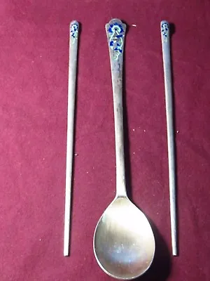 Nice Vintage Solid .800 Silver Enameled Chop Sticks And Spoon From Korea • $119