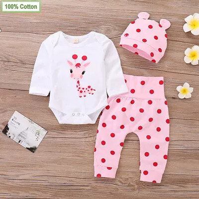 £9.39 • Buy Newborn Baby Girls Romper Tops + Hat + Polka Dot Pants Outfits Toddler Clothes
