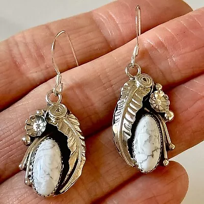 Navajo White Buffalo Earrings 1.5  Sterling 925 Feather Turquoise Signed HM • $79.94