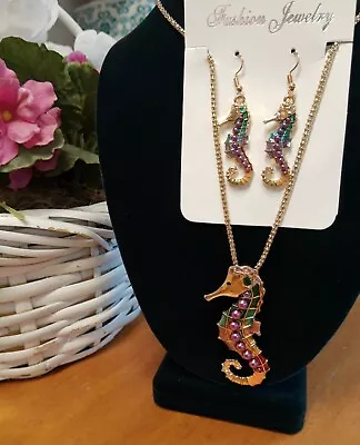 Colorful Seahorse Pendant & Earring Set Purple Pearl Beads ~ 20  Chain Necklace  • $16.95