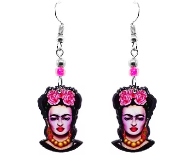 Frida Inspired Face Graphic Dangle Earrings Mexican Artist Womens Jewelry Pink • $13.99