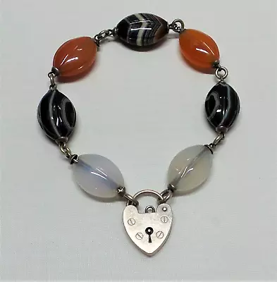 Vintage Sterling Silver Scottish Agate English Heart Padlock Bracelet • $235