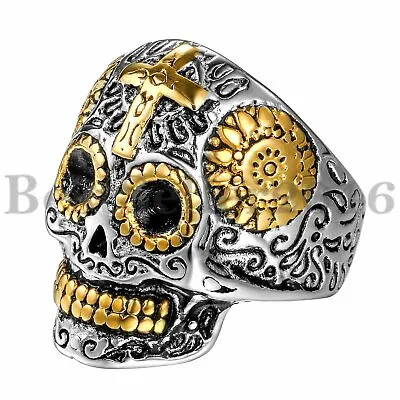 Punk Men Stainless Steel Day Of The Dead Gothic Skull Cross Biker Ring Size 8-13 • $9.99