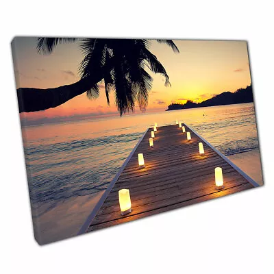 £23.98 • Buy Wooden Candle Lit Jetty During A Tropical Beach Sunset Wall Art Print On Canvas