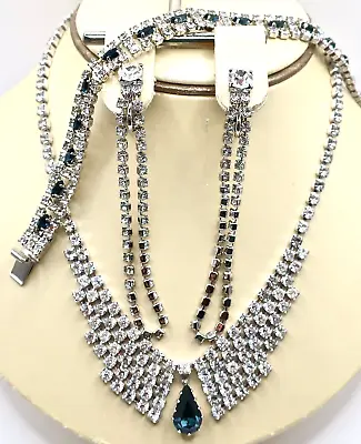 WOW Vintage Clear & Slate Blue Rhinestone Jewelry Lot Necklace Bracelet Earrings • $29.50