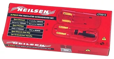 Neilsen 8pc VDE Insulated Pozi Flat Slotted Magnetic Tip Screwdriver Set • £10.65