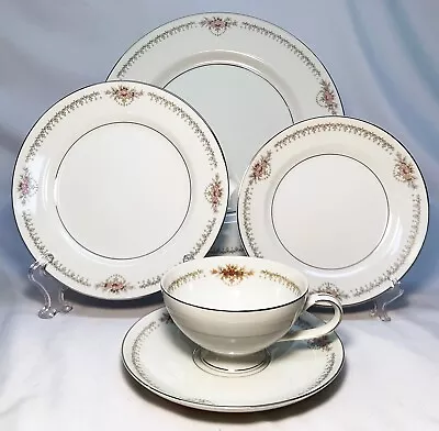 Mikasa Chalet 5 Piece Place Setting Fine China Pink Rose Blue Leaves Grey Scroll • $14.95