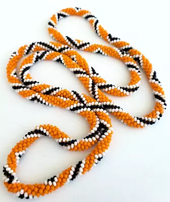 Vintage Ethnic Seed Bead Tube Woven Necklace 30  Orange Black White • $12.83