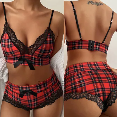 £6.99 • Buy Sexy Bra Red And Black Plaid Set Lace Red Black Ladies Underwear Sets Lingerie